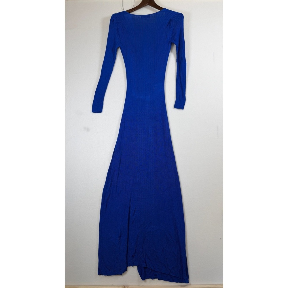 Auteur Women's Blue Ribbed Knit V-Neck Maxi Dress Long Sleeve High‎ Slit XS